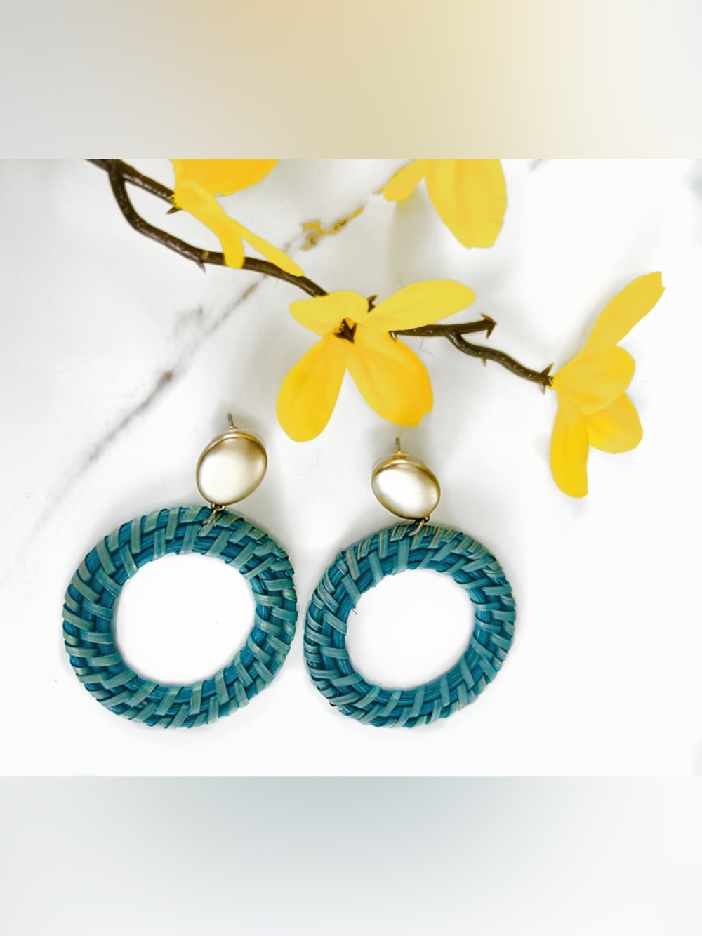 Teal Woven Hoop Drop Earrings by